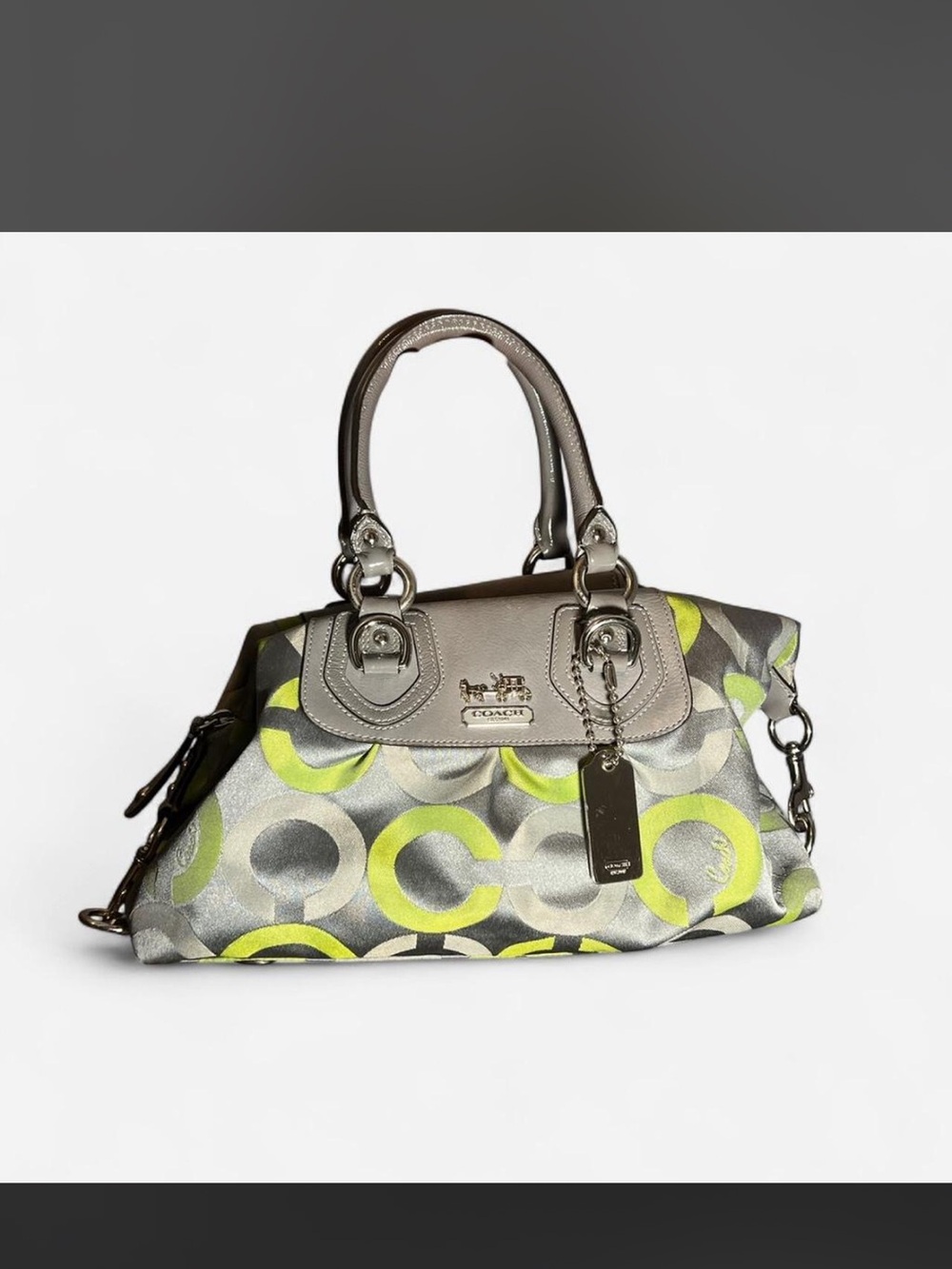 Coach Silver and Lime Signature Circle Satchel with Chain Tag